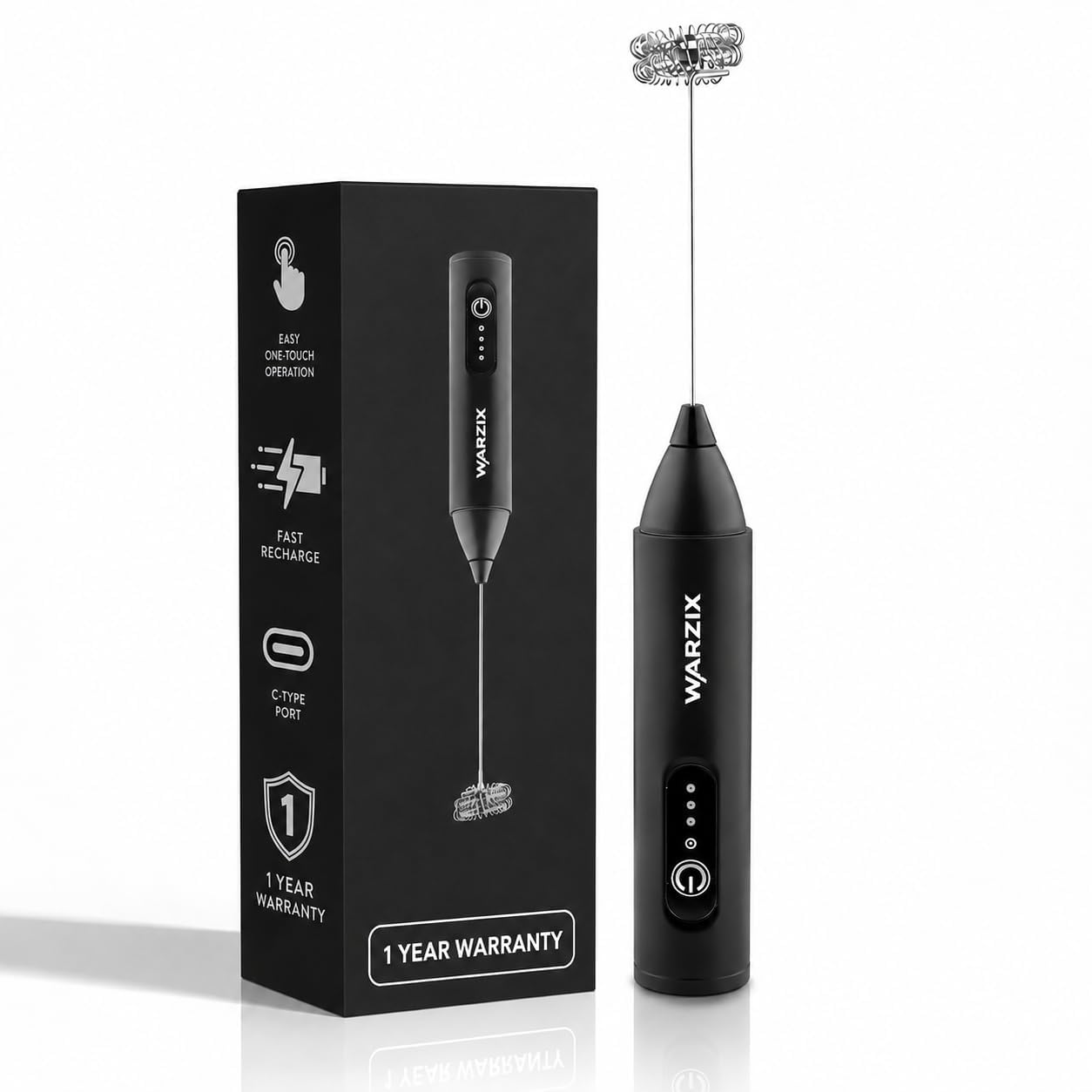 WARZIX Rechargeable Milk Frother, 3-Speed Electric Coffee Beater & Hand Blender with Dual Spring Whisk | Type-C Fast Charging for Latte, Cappuccino & Matcha |1Y Warranty | Black