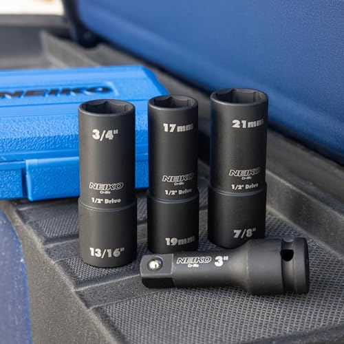 Image of NEIKO 02281B 1 /2 inch Drive Impact Flip Socket Set, Thin Wall Socket, 4 Piece Lug Nut Impact Socket Set, SAE and MM, 3 inch Extension Bar, Cr-Mo Steel, Impact Lug Nut Socket Set