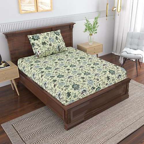 Image of Mafatlal Saanjh 144 TC Cotton Single Bedsheet 90x60 Inch | Elegant Cotton Bed Sheet for Bedroom | Soft Airy Weave | Pillow Cover Included | Cashmere Cream