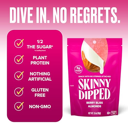Image of SkinnyDipped Berry Bliss Yogurt Covered Almonds, Healthy Snack, Plant Protein, Gluten Free, 3.5oz Resealable Bag, Pack of 5