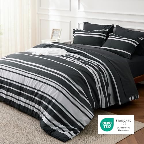 Image of Bedsure Twin Comforter Set 5 Pieces, Black Striped Bedding Set for All Seasons, Reversible, Cationic Dyeing Bed in a Bag with Comforter, Sheets, Pillowcase & Sham