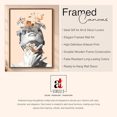 Image of Surreal Floral Woman Portrait Framed Canvas Painting For Living Room | Modern Beige Abstract Botanical Wall Art For Livingroom Wall Decor, Home Decor, Bedroom, Hallway's, Office, Hotel - 43x58 cm