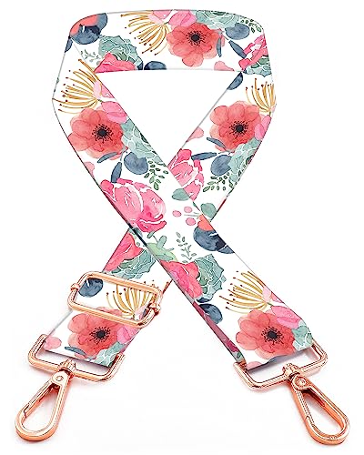 Image of Purse Straps Rose Gold Buckles Wide Shoulder Strap,Fashion Adjustable Replacement Belt for Crossbody Canvas Bag Handbag(Pink Green Flower)