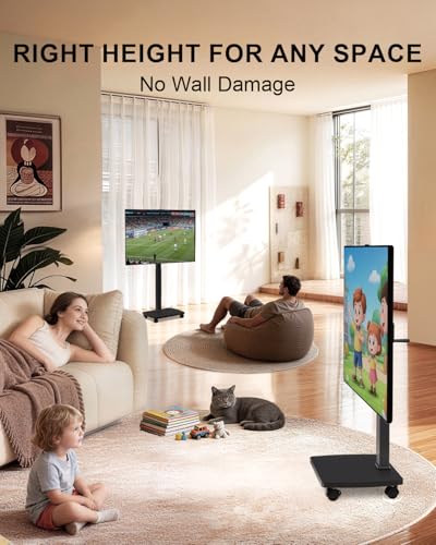 Image of WALI Rolling TV Stand with Hand Crank Lift, Mobile Tall Television Stand Mount on Wheels for 30-70 inch TVs up to 110 lbs, Swivel Height Adjustable TV Cart with Wood Base for Bedroom(TVDVD-7MR), Black