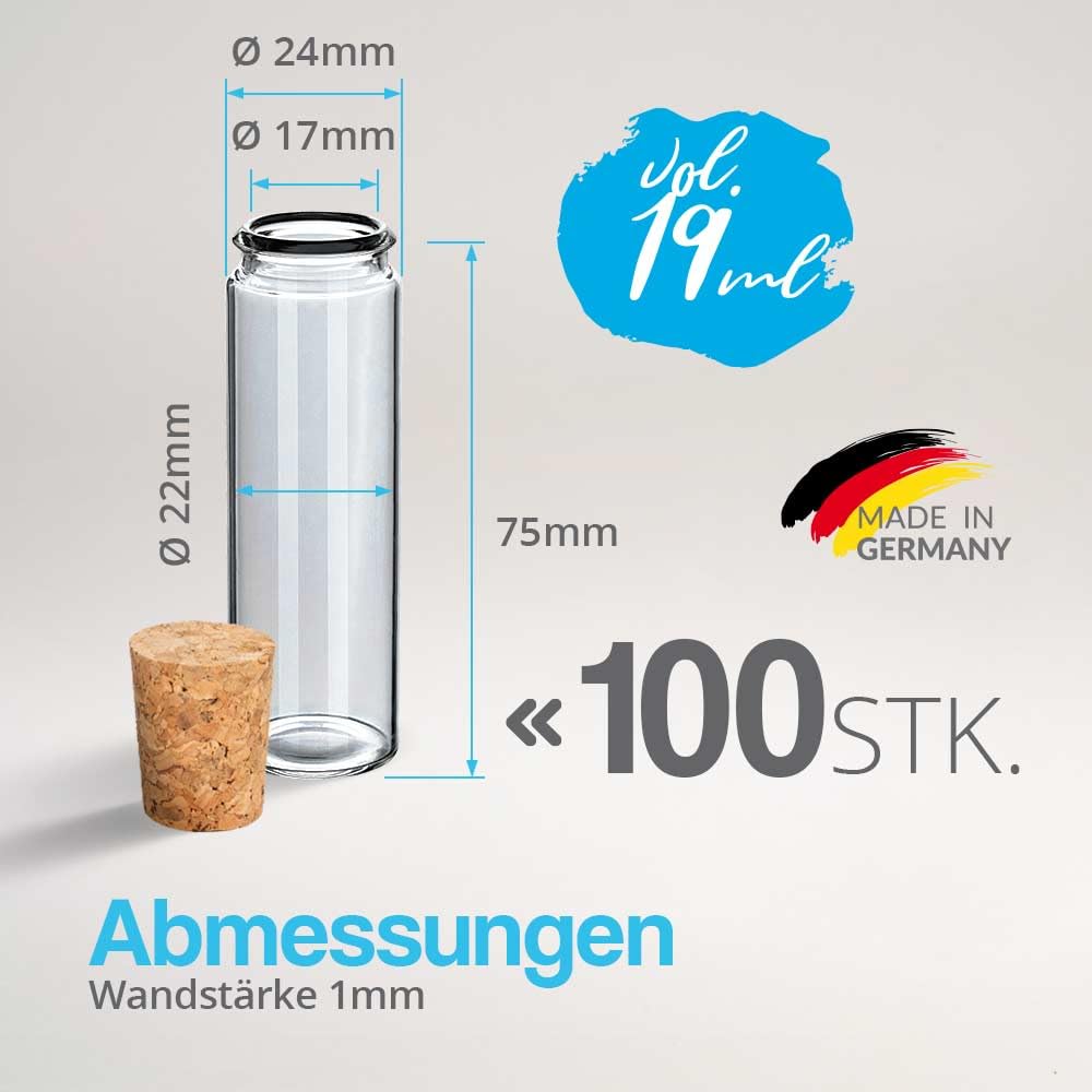 Tuuters 100 Stück Glasröhrchen mit Korken, 75 x Ø 24mm, kleine Glasflasche | 20ml Glas mit Kork Verschluss für Blumensamen, Geschenke, Gastgeschenke, Gewürze zur Hochzeit, Taufe, Kommunion, Reagenzglas