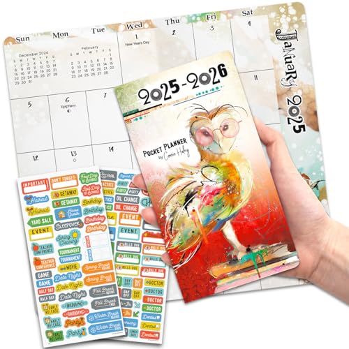Calendário Owls 2025-2026 - Pacote de planejador de bolso de 2 anos de animais em aquarela de luxo c