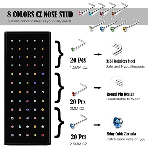 EIELO 240 Pcs Nose Ring Studs Set for Women Men Surgical Stainless Steel Nose Hoop CZ Bone Nose Studs Ring Nose Piercing Jewelry 20G 22G 1.5mm 2mm 2.5mm4