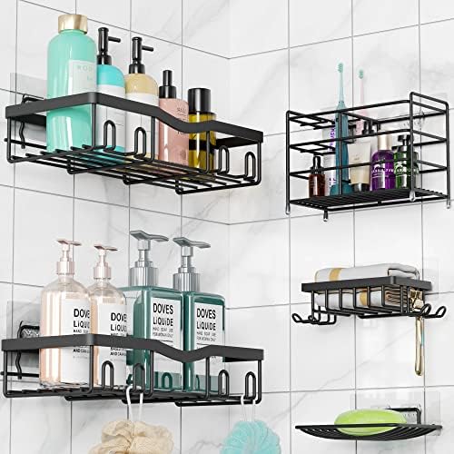 UpCircleSeven 5 Pack Shower Caddy, Strong Adhesive Shower Organizer Shelf with Hooks. Rustproof Wall-Mounted Shower Shelves for Kitchen, Dorm and Bathroom Organizer. No Drilling (Black)
