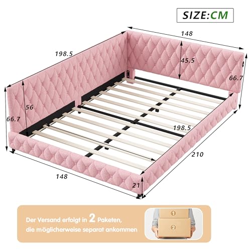 Tagesbett 140x200 mit LED und USB, Polsterbett mit Lattenrost, Schlafsofa 140x200, Jugendbett Einzelbett, Teddy Velvet, Ohne Matratze (Rosa) – Bild 4