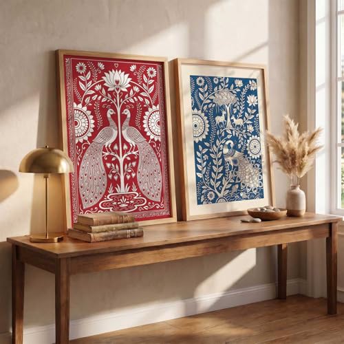 Image of kotart Decorative Traditional Wall Art Home Decor Madhubani Painting poster With Frame For Living Room Bed Room Hotel Wall Decor Digital Reprint Set of 2 (10X13 INCH)