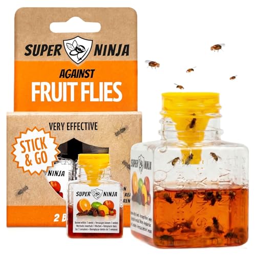 Super Ninja Fruit Fly Traps for Indoors - 2 Pack, Highly Effective Fruit Fly Catcher for Indoor Use for Home & Kitchen, Up to 3 Weeks of Performance per Bottle, Kid & Pet Friendly
