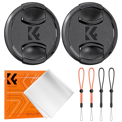 K&F Concept 67mm 2 Stück Universal-Objektivdeckel für Sony Canon Nikon Fujifilm Olympus, 4 Stück Objektivdeckel-Halteband(orange und schwarz),2 Stück Reinigungstücher aus Mikrofaser