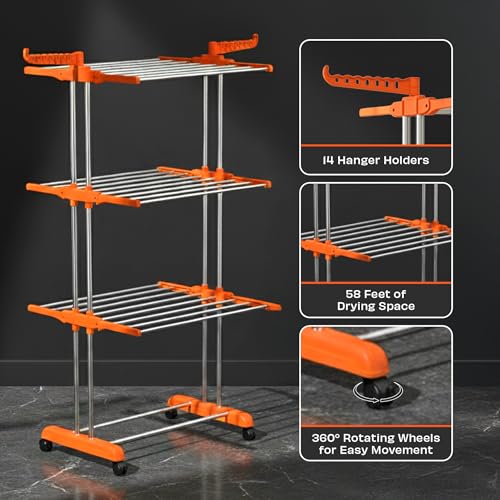 Image of ZOLMIX Premium Foldable Cloth Drying Stand Stainless Steel - 3 Tier Heavy Duty Clothes Dryer for Balcony, Indoor & Outdoor Use, Wheels & Hanger Slots Cloth Stand Anti Rust Laundry Rack - Orange