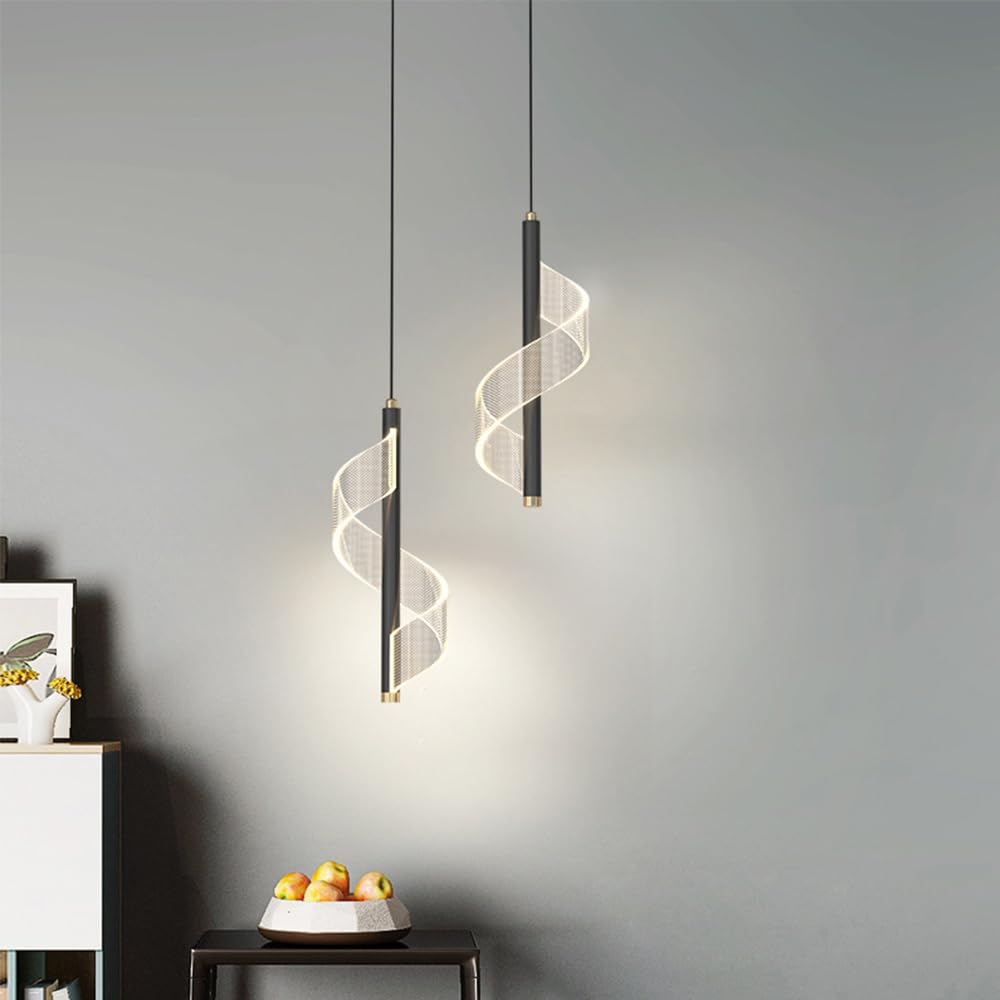 8W LED Hanging Lamp Bedside Bedroom Pendant Light, Nordic Modern Long Lines Pendant Lights for Living Room Hotel Counter Dining Table,Adjustable three colours 3000k/4500k/6000k (Black, Double)