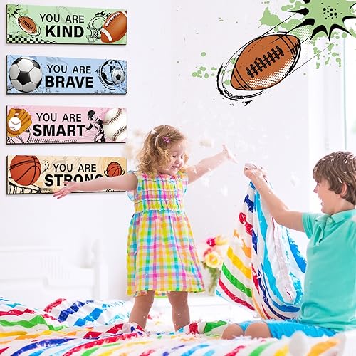 Geetery 4 Pcs Sport Bedroom Wall Decor Boys Room Decor for Kids Soccer Basketball Baseball Football Wall Art Inspirational Wooden Hanging Sign for Boys Girls Kids Nursery Playroom Kindergarten - Image 5