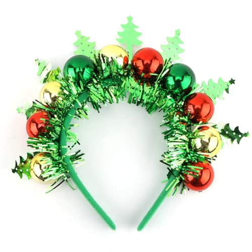 SuPoo Christmas Headbands for Women Christmas Tree Holiday Ball Bell Headbands Xmas Retro Disco Outfit Costume Accessories Iridescent Tinsel Green Hairband Metallic Hair Hoop for Party New Years