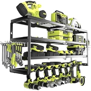 4 Layer Power Tool Organizer Wall Mount, Battery Tools Holder with Charging Station Shelf, Cordless Drill Hanger Storage Rack for Garage Organization, Workshop, Pegboard – 32 Inch 8 Slots