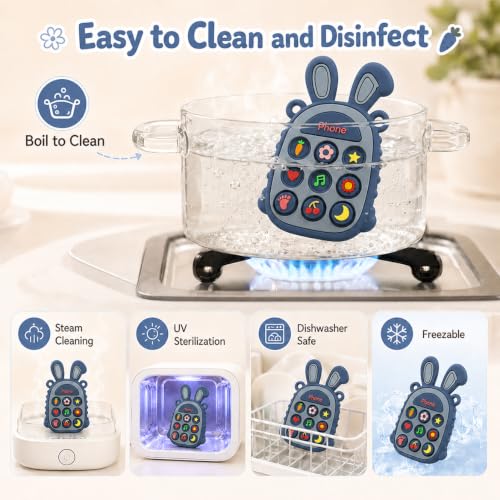 Image of Press Phone Teether for Baby Girls, Soft Silicone Teething Toy, Sensory Toy | Teething Relief, BPA-free, Freezer, for Baby 3 Months+, Cute Rabbit Design with Textures and 9 Patterns, Press & Pop for Fun!