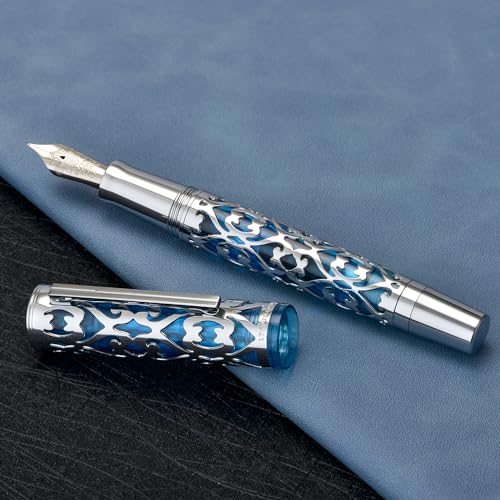 Image of Hongdian D1 Piston Fountain Pen Fine Soft Nib, Silver Blue Hollow Skeleton & Resin Pen with Metal Case Set