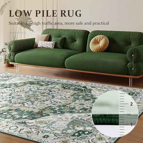 Deerly Green Vintage Area Rug 5x7 Boho Washable Large Living Room Bedroom Rugs Non Slip Low Pile 5x7 Rug for Kitchen Entryway Bedroom Dining Room Office, Green/Multi