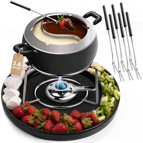 Fondue Pot Set by Fondue & Co - 2.6 Quart Dual Cheese and Chocolate Fondue Pot with Divider Tray...