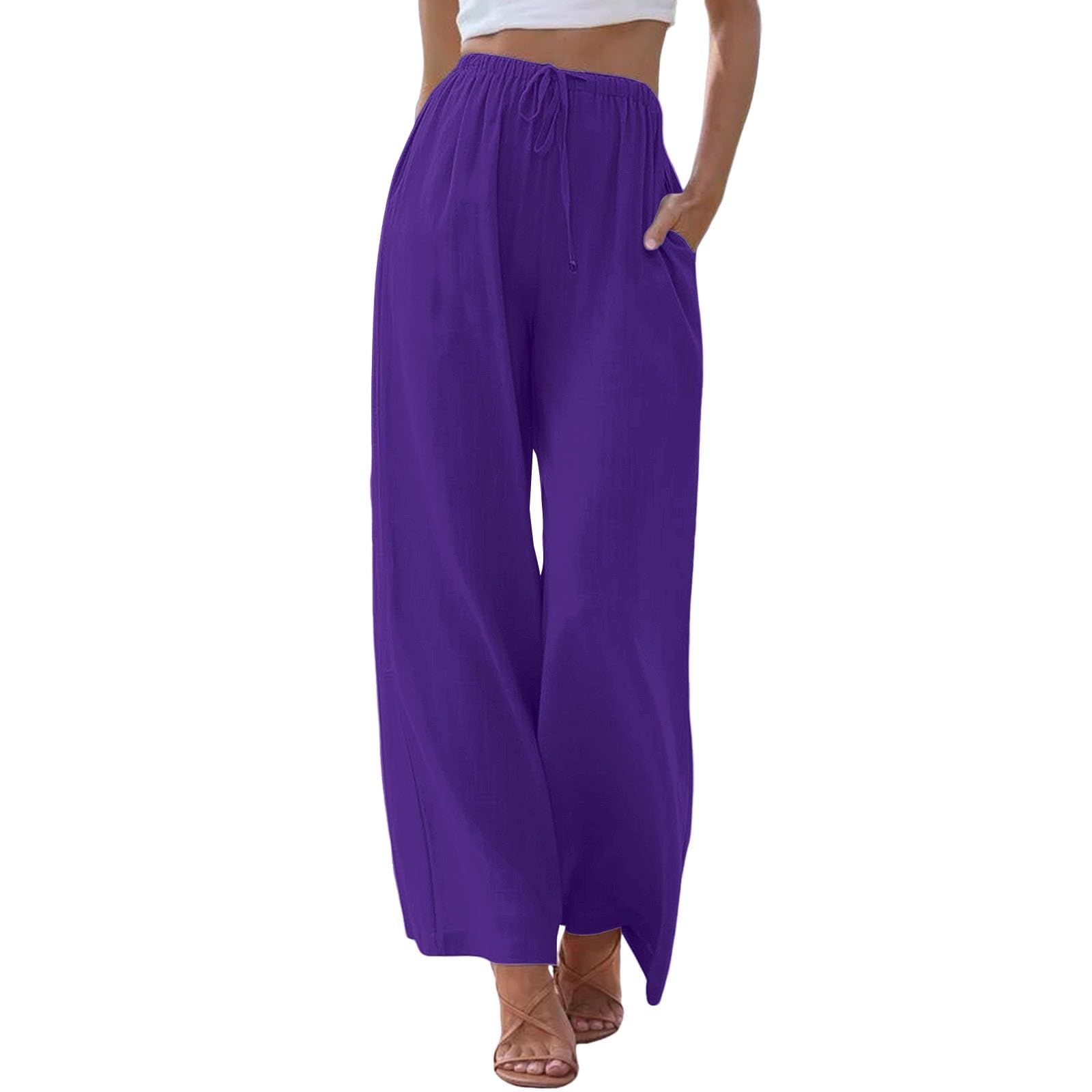 Womens Linen Trousers Summer Wide Leg Beach Trousers with Pockets Flowy Elastic Waist Palazzo Pants Casual Lightweight Lounge Pants for Ladies
