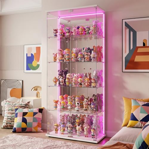 Vitrina de cristal con iluminación LED, vitrina con 5 estantes de cristal y 2 puertas de vidrio templado, vitrina de cristal, para salón, oficina, coleccionables, libros, vino (tira de luz LED, blanco