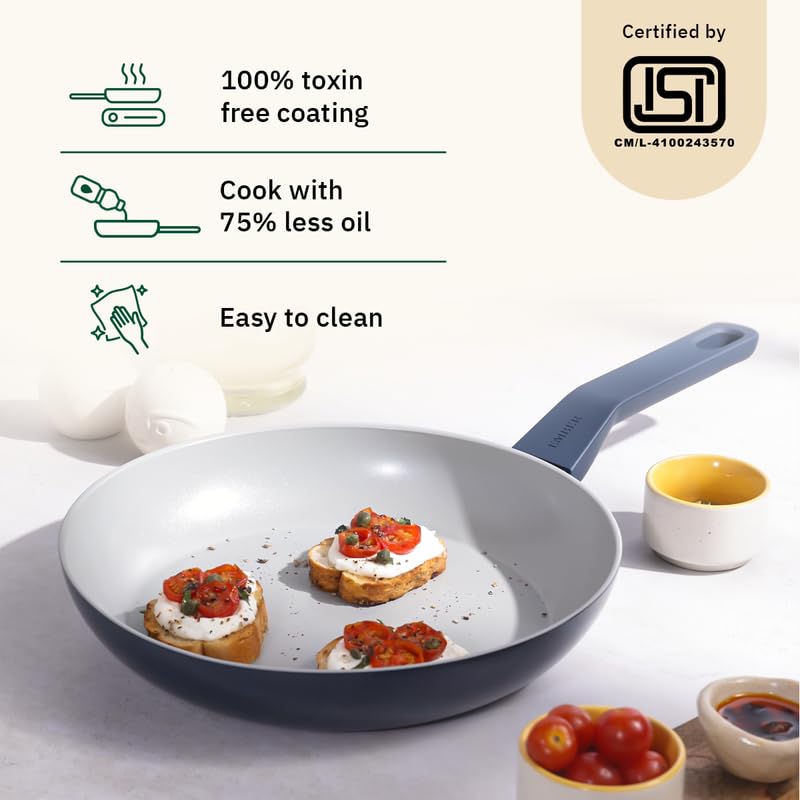 Image of Ember Cookware Arcilla Ceramic Frying Pan 24cm | Non Stick Cookware | Non Toxic Pan with Glass Lid | ISI Certified | Ceramic Fry Pan for Cooking | PFAS PTFE Free | 5-Year Warranty | Blue