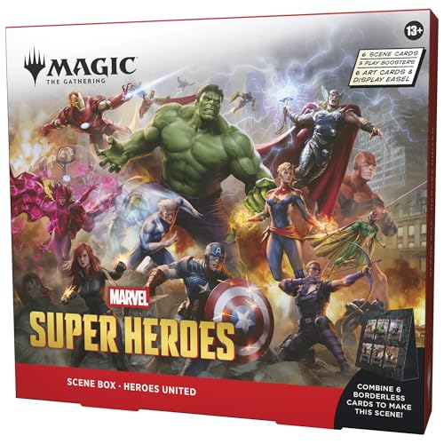 Magic: The Gathering | Marvel Super Heroes Scene Box - Heroes United | 6 Foil Borderless Scene Cards, 6 Art Cards, 3 Play Boosters + Display Easel