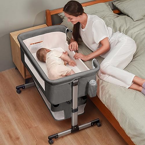 Image of Bedside Crib,3 in 1 Baby Crib Adjustable Portable Bed for Infant,Baby Bassinet with Mosquito net Baby Newborn Must Have Bed,Grey