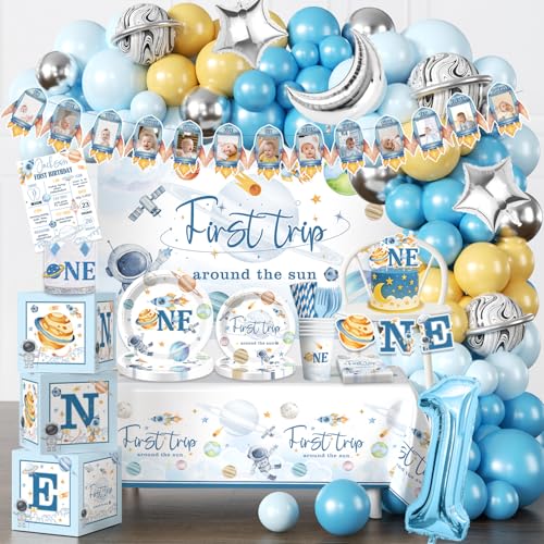 First Trip Around the Sun Birthday Party Decorations for Boys, Outer Space 1st Party Supplies Solar System Plates and Napkins Balloons Arch First Trip Around the Sun Backdrop Birthday Decorations