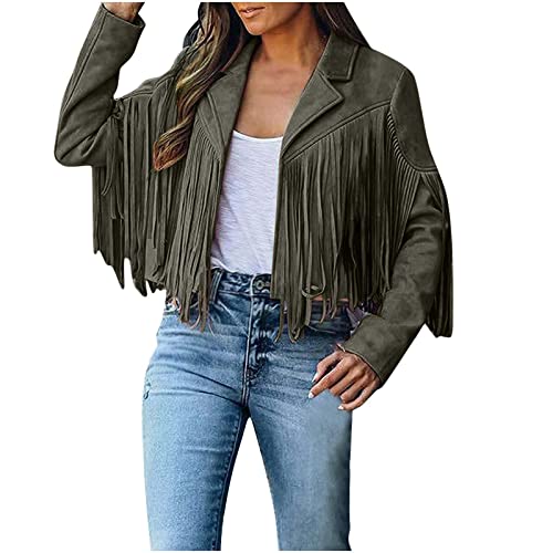 Ybing Abrigo de ante con flecos para mujer, abrigo hippie con borlas, chaqueta de manga larga Y2K, chaqueta holgada con flecos, chaqueta de entretiempo, chaqueta steampunk pirata, Verde militar., M