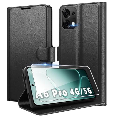 Eirltiy Cover per Oppo A6 Pro 5G/4G Portafoglio Pelle PU Premium, Custodia Scomparti Carte Antiurto Protettiva Case con 1 Vetro Temperato, Nero