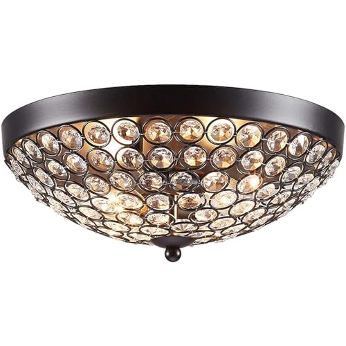 COTULIN Modern Elegant Black Crystal Ceiling Light - 2-Light Flush Mount Chandelier for Bedroom, Living Room, Hallway & Kitchen | Sparkling Crystal and Metal Shade Lighting Fixture