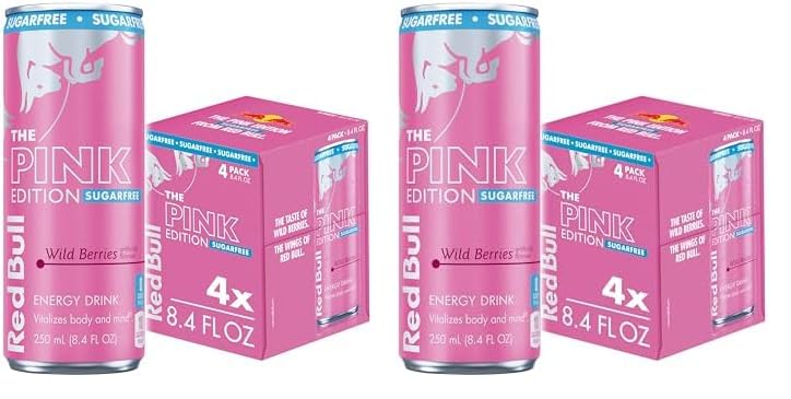 Red Bull Pink Edition Sugar Free Energy Drink, Wild Berries, 8.4 fl. oz., Pack of 8 cans, with 80mg Caffeine, Taurine & B Vitamins - Sugar-Free Wild Berries - 8.4 Fl Oz, 8pk, (2x4)