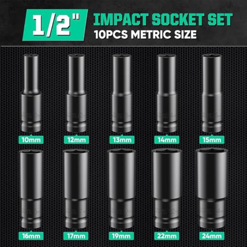Image of STARQ 10pcs Impact Socket Set 10-24MM with 1 /2 inch Drive to 1 /4 inch Hex Adapter Converter, Long Deep Sockets + Quick Release Chuck for Drill & Ratchet