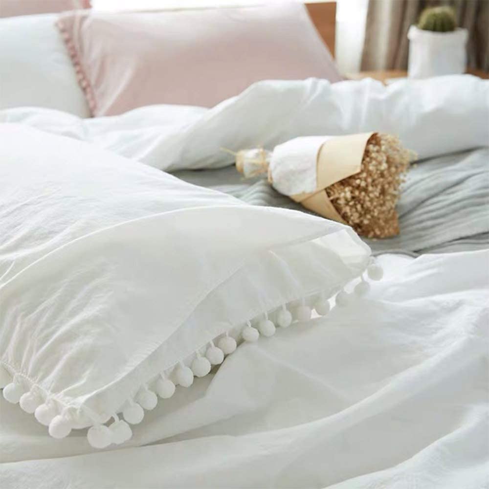 Bedbay Queen Duvet Cover Set - Pom Pom Fringe, Reversible White & Beige, Ultra Soft Microfiber, Zipper & Corner Ties - View #6