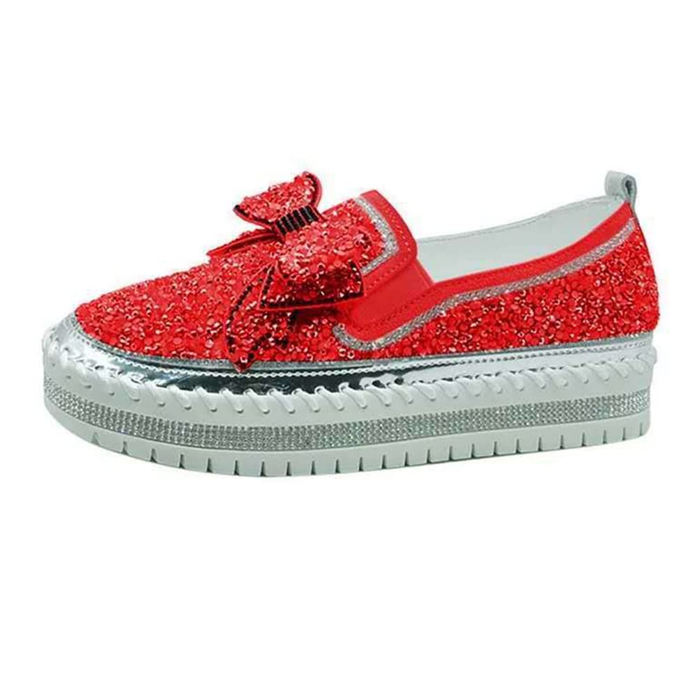 N/AB Women's Casual Fashion Platform Rhinestones Glitter Slip On Sneakers Cute Bowknot Flat Walking Loafers Platform Dress Shoes