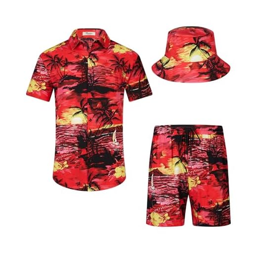 SPKPKEY 2 Piece Casual Hawaiian Shirt and Short Summer Luau Outfits Sets with Bucket Hats Red for Men XXL-Large