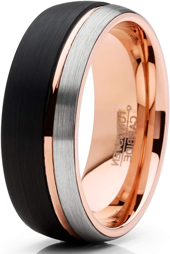 Metal Masters Co. Mens Tungsten Ring Dome Wedding Band Tri-Color Groove Rose Goldtone Black Comfort-fit 8MM 7-15