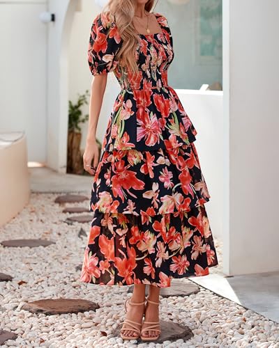Image of BTFBM Womens Floral Smocked Summer Maxi Dresses | Square Neck Puff Short Sleeve Ruffle Tiered, 2026 Trendy Casual Sundress, Cruise Holiday Beach Vacation Wedding Guest Dress