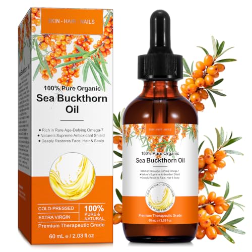 Aceite de espino amarillo prensado en frío, aceite vegetal virgen para cara, cuerpo y cabello, aceite de espino amarillo rico en omega-7 (omega-3, 6 y 9) y vitamina E, aceite de pulpa de espino