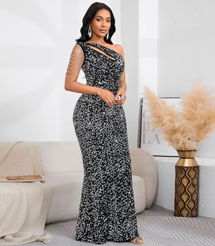Image of Cololura Women Sequin Elegant Sexy One Shoulder Tassel Mermaid Bodycon Cocktail Evening Dress
