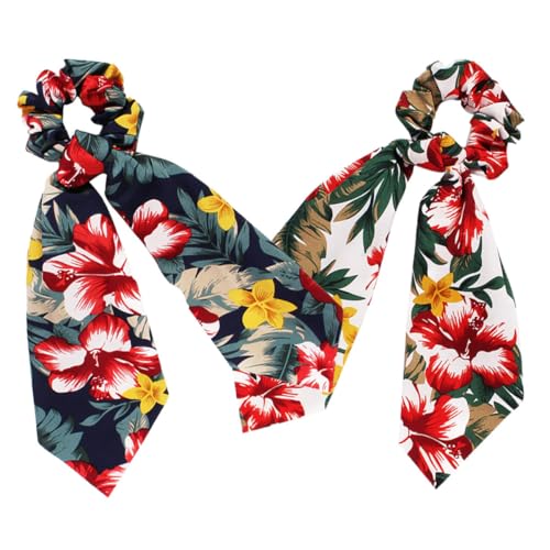 PAMINGONO 2 Coleteros Elásticos Lazo Estampado Estilo Hawaiano Accesorios Cabello Cintas Grandes en Azul Marino y Blanco Banda Pelo para Mujer Uso Diario y Fiestas