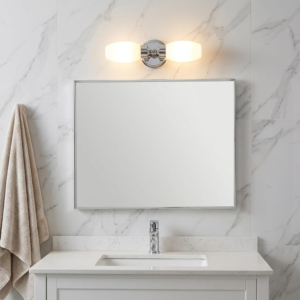 Alpinaluz Aplique de Pared para Baño con Dos Focos E14, Diseño Moderno en Cromo con Pantallas de Cristal Opal, Protección IP44 para Ambientes Húmedos, Iluminación Suave y Uniforme