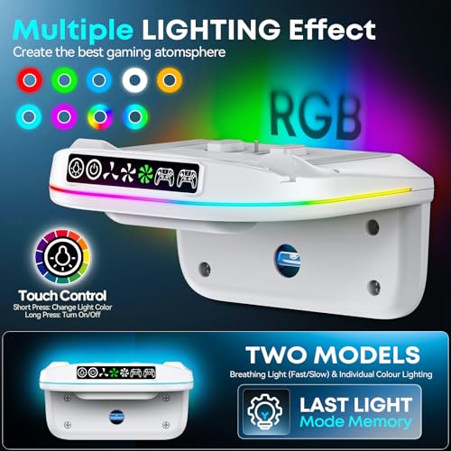 Image of P S5 Wall Mount Kit with Cooling Fan and Charging Station Compatible with PS5 / Slim / Pro Disc and Digital, PS Five Floating Shelf with 9 RGB Lights, PS 5 Mount Behind TV, P5 Accessories for Gaming, White