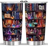 FROOBLEQUIRK Book Lovers 20oz Stainless Steel Tumbler – Colorful Bookshelf Design Cup – Insulated Travel Mug with Lid – Gift for Readers, Fantasy Lovers, Halloween, Christmas