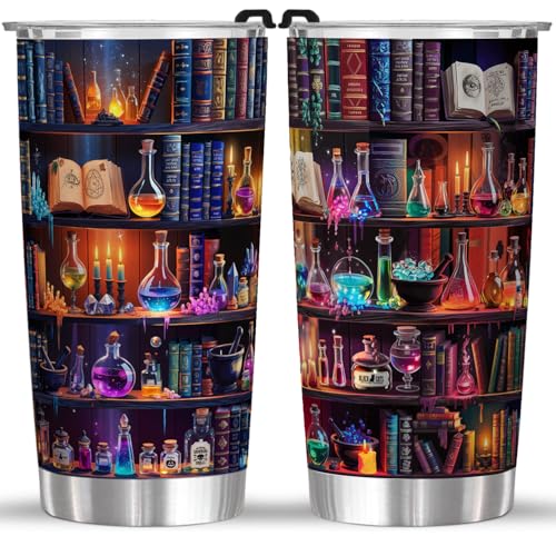 FROOBLEQUIRK Book Lovers 20oz Stainless Steel Tumbler – Colorful Bookshelf Design Cup – Insulated Travel Mug with Lid – Gift for Readers, Fantasy Lovers, Halloween, Christmas
