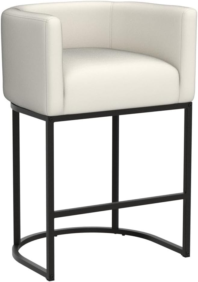 LUE BONA 27" H Counter Height Bar Stools Set of 2, Modern Barrel Counter Stools with Backrest and Arms, Black Metal Frames, Linen Fabric Upholstered Accent Barstools for Kitchen Island, Beige