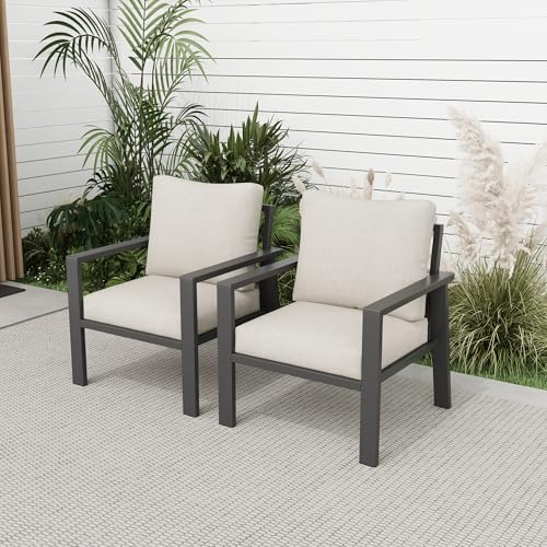 Image of Outdoor Sofa Chair Aluminum Patio Couch Set of 2 All-Weather Patio Sofa Armchair Furniture Set Chairs with Beige Cushions